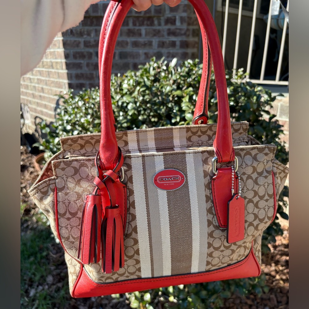 Coach Legacy Carryall. Tan and Orange with Signature Pattern. EUC